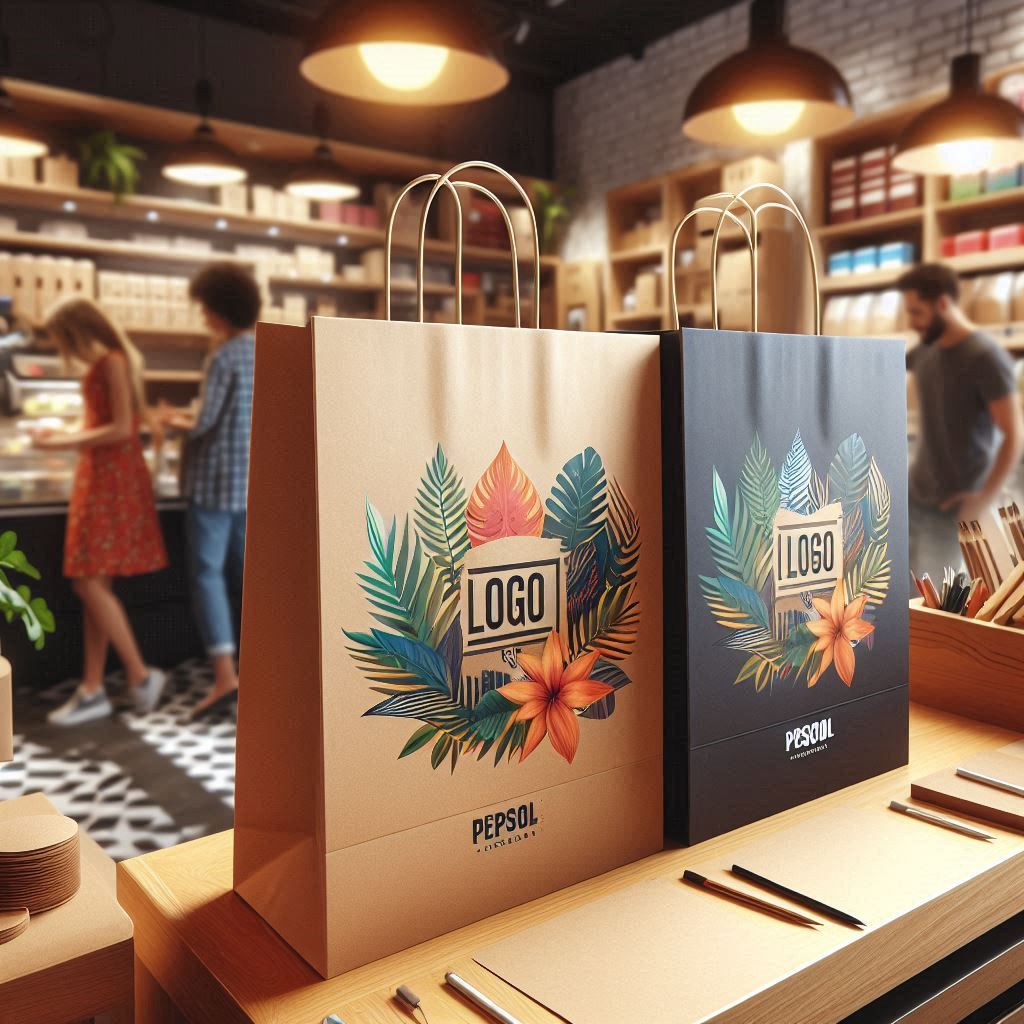 Premium board paper bags with colorful floral branding, displayed on a store counter with a café ambiance