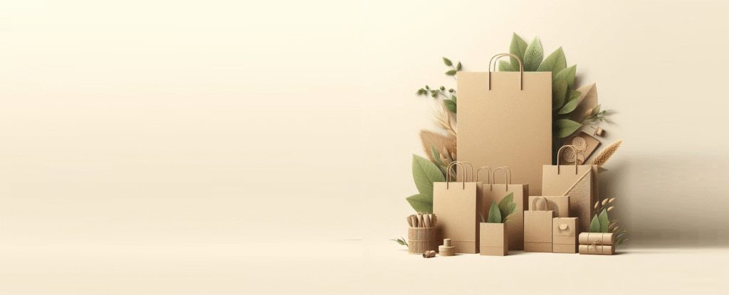 Variety of brown paper bags in different sizes, surrounded by green leaves and natural elements like twine and wheat, symbolizing sustainability