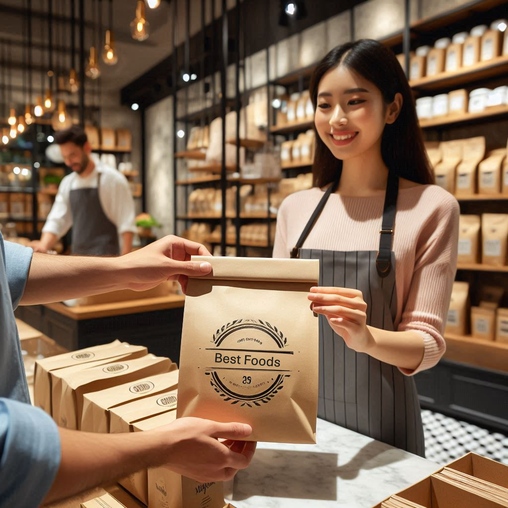 Shopkeeper handing over a thick custom paper pouch with a circular logo in a boutique-style food store