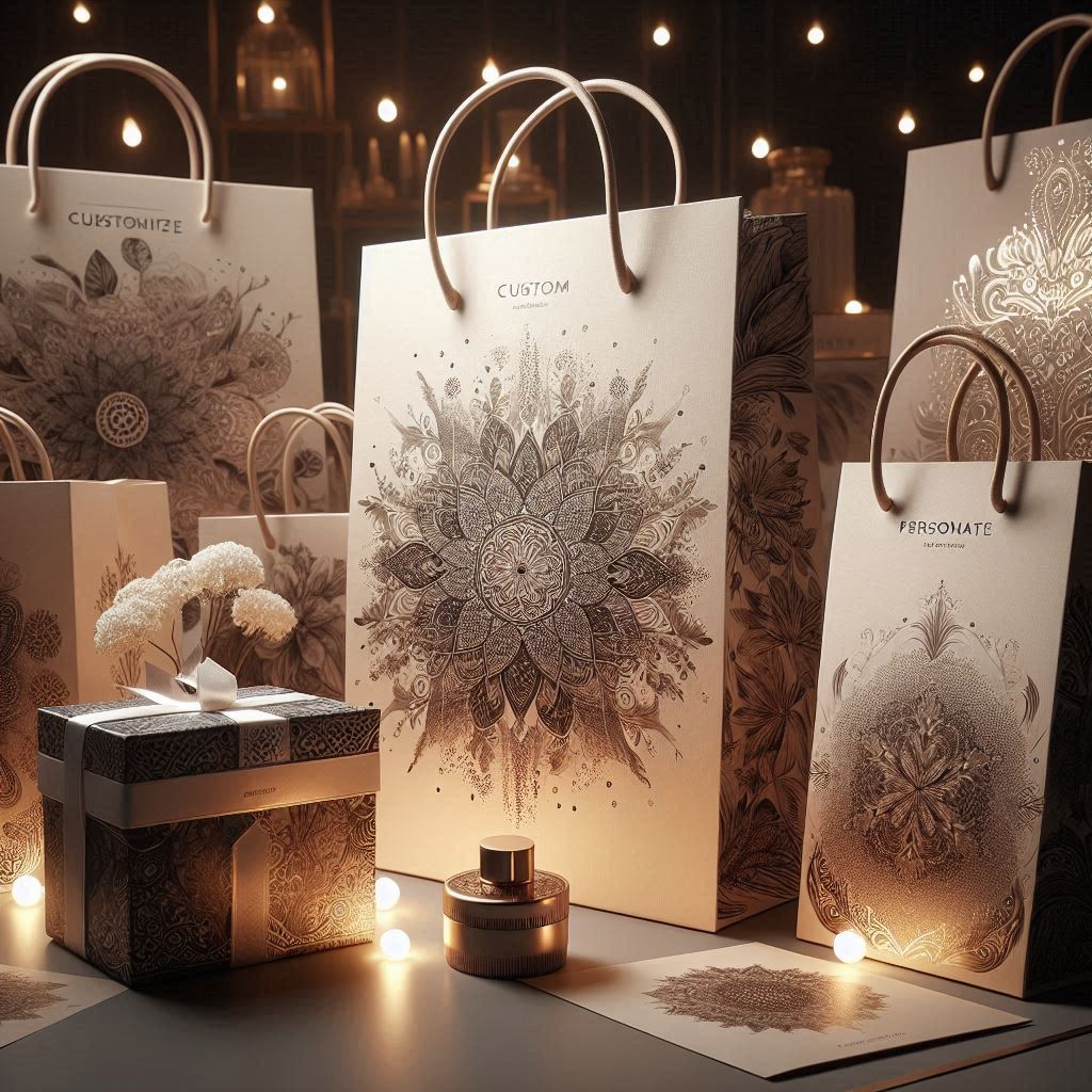 Decorative gift bags with intricate mandala designs surrounded by candles, a gift box, and a perfume bottle in a warm, ambient setting