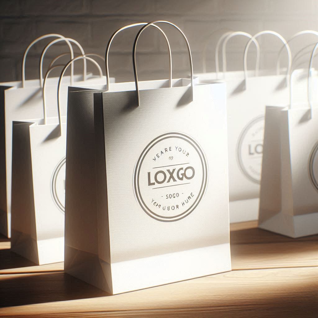 Sleek white paper bags with twisted handles and a printed logo, arranged on a wooden surface with soft sunlight