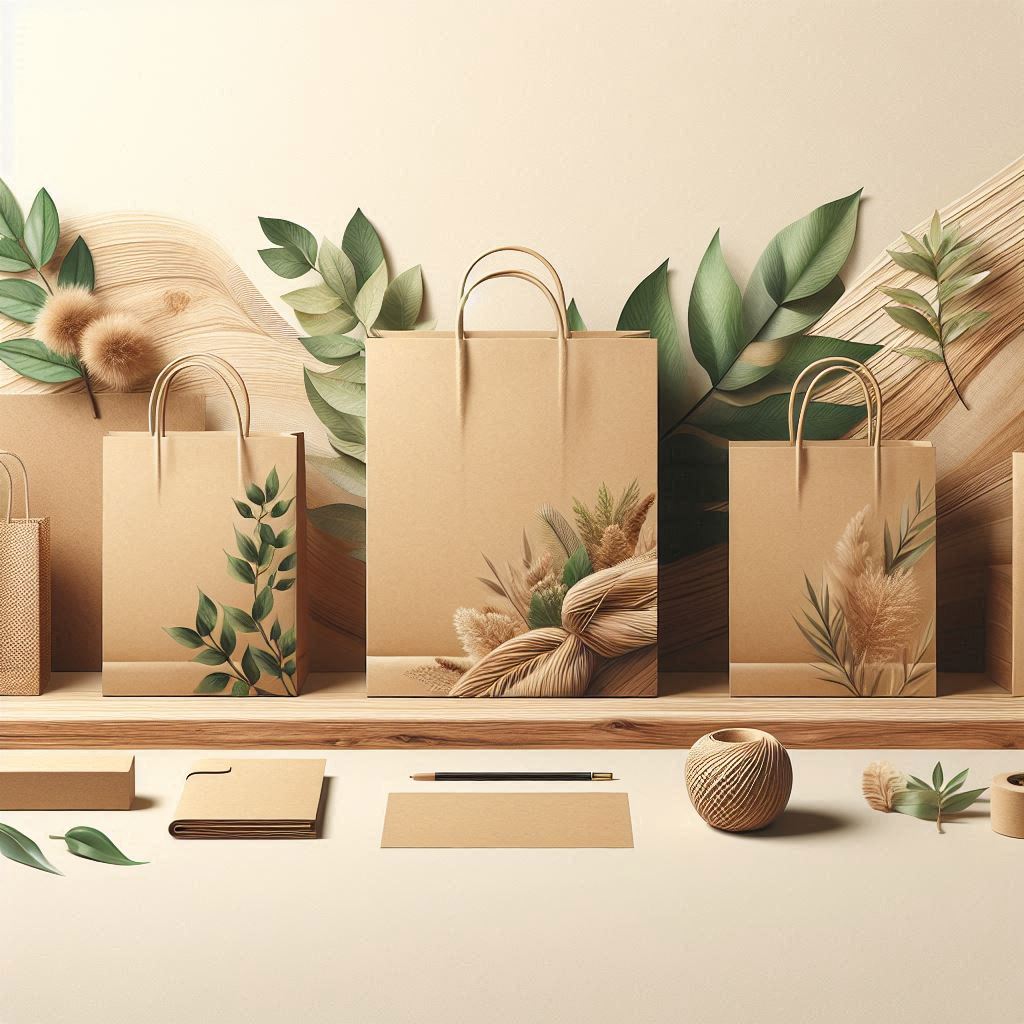 Variety of brown paper bags in different sizes arranged in a row, surrounded by green leaves and natural elements like twine and wheat, symbolizing sustainability